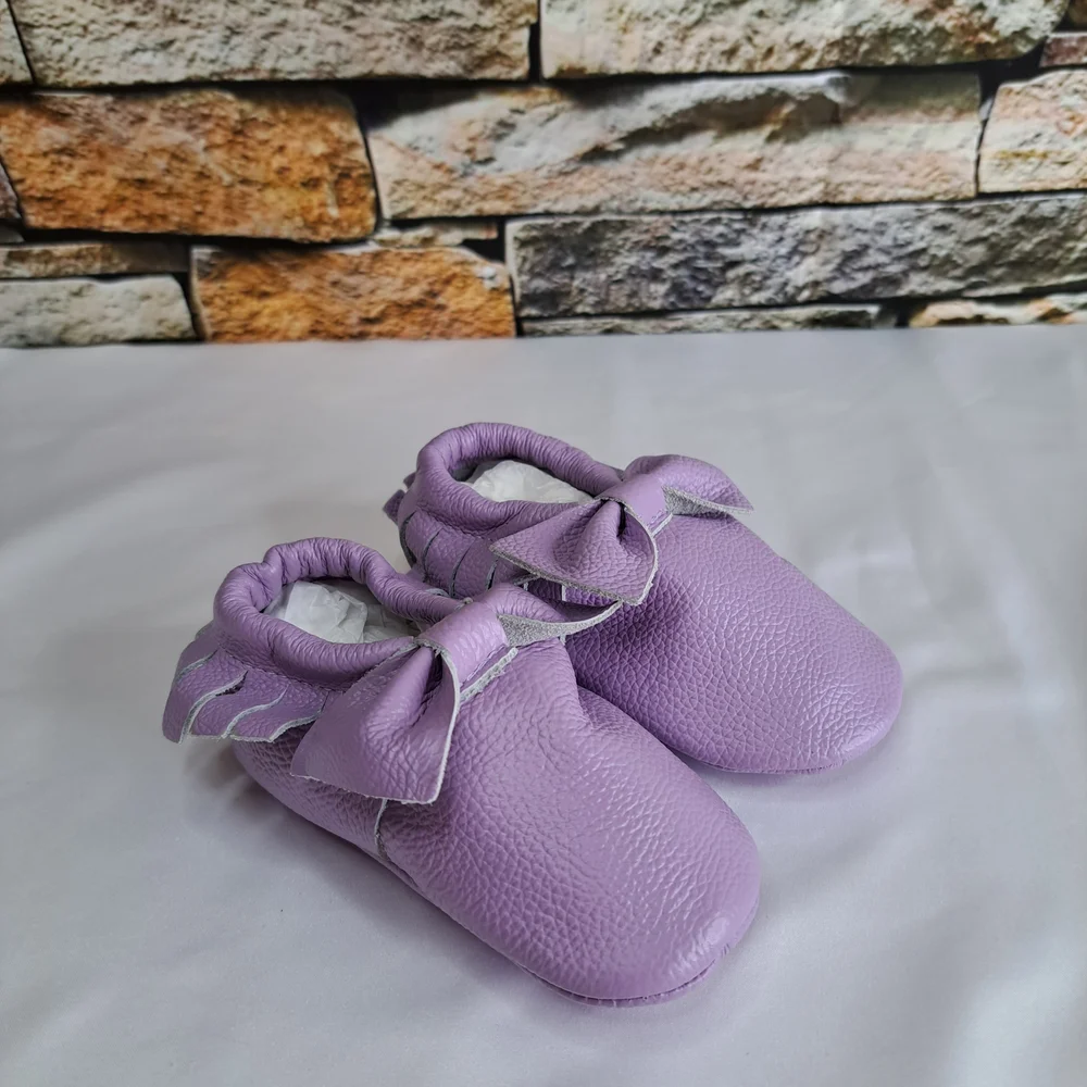 Lilac Bow Leather Moccasins Soft Slip-On Shoes New